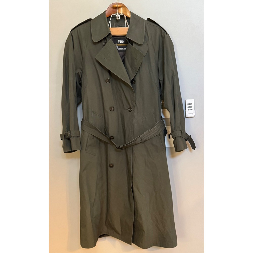 London Fog Trench Coat Mens 38 Reg Olive Green Belted Thinsulate Double Breasted